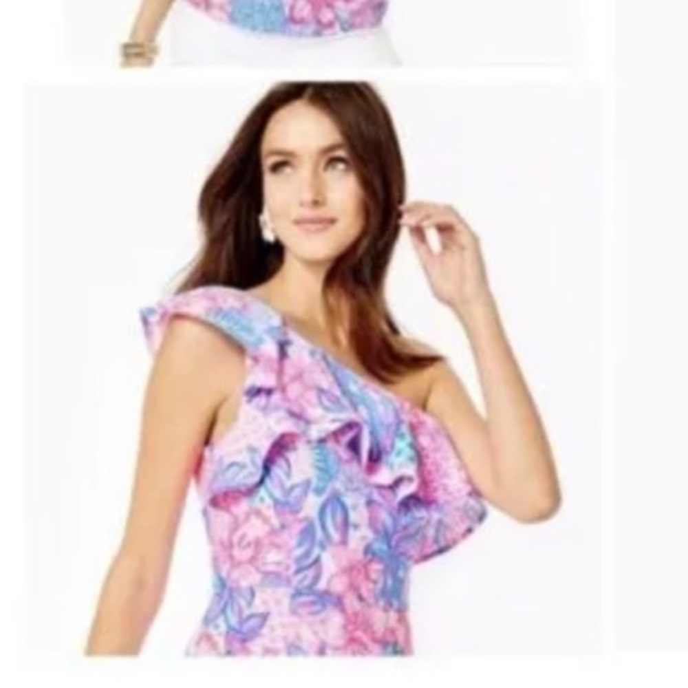 Lilly Pulitzer summer top one shoulder ruffle multicolor cool breathable cotton - Picture 4 of 9